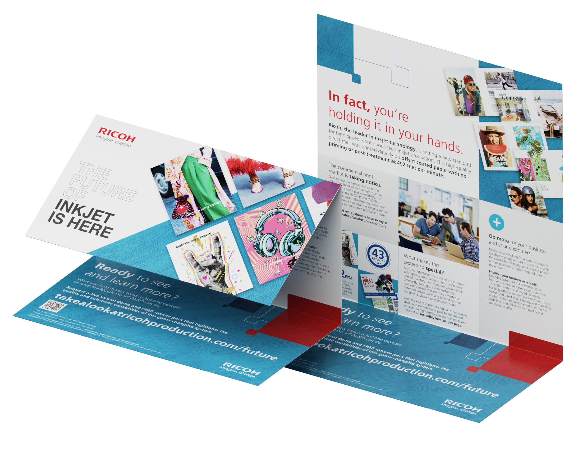 An image of a colorful tri-fold direct mail piece promoting inkjet technology.