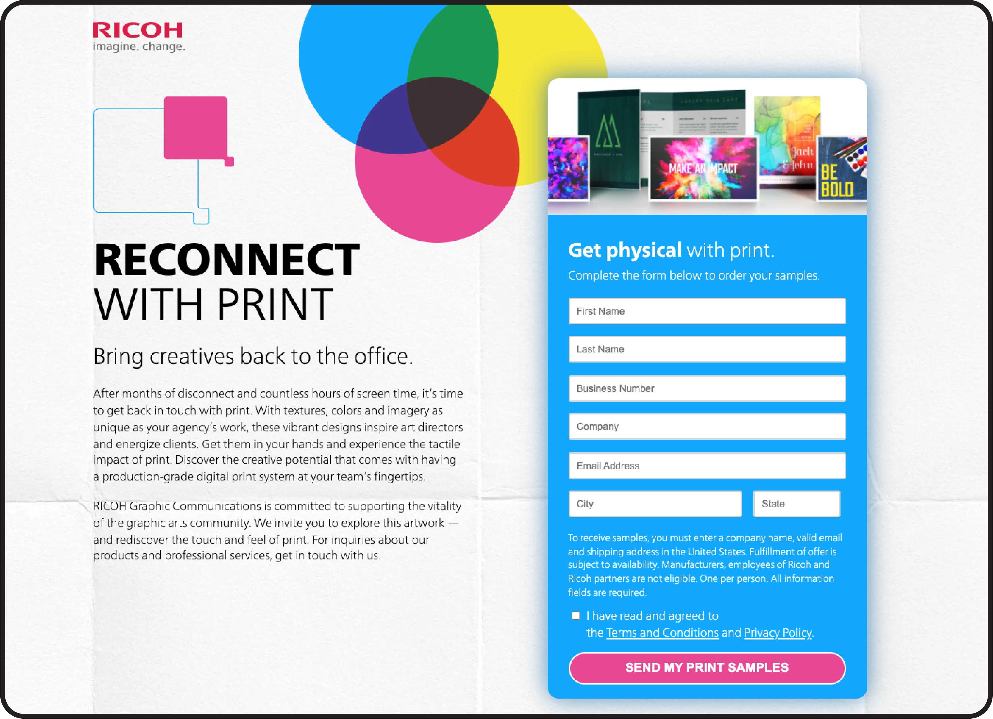 A demand generation web page with CMYK colorful design.
