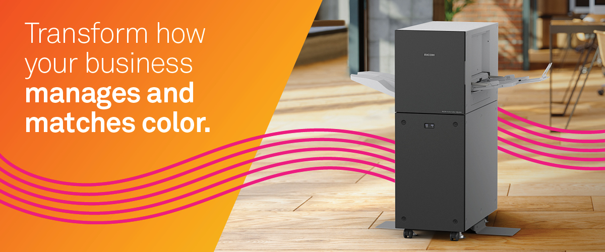 An email banner showing the RICOH Auto Color Adjuster product and the words Transform how your business manages and matches color.