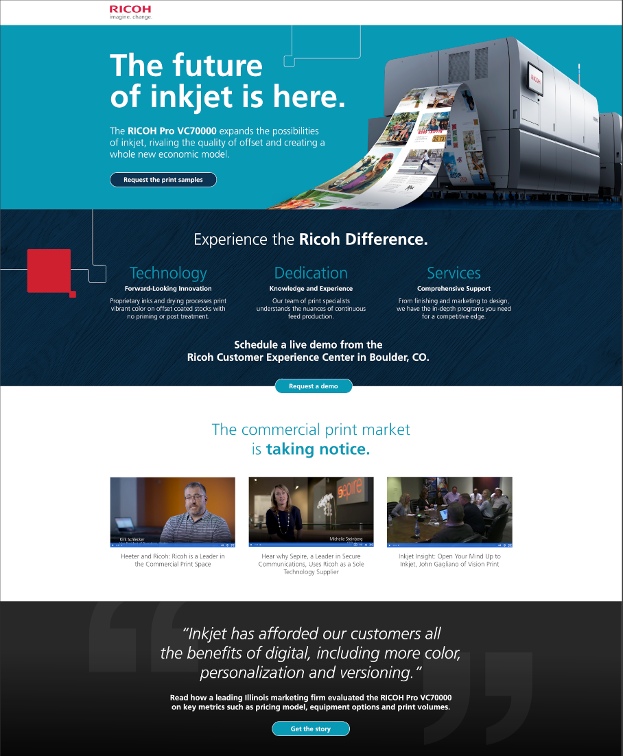 A screen shot of the RICOH VC70000 Inkjet production printer.